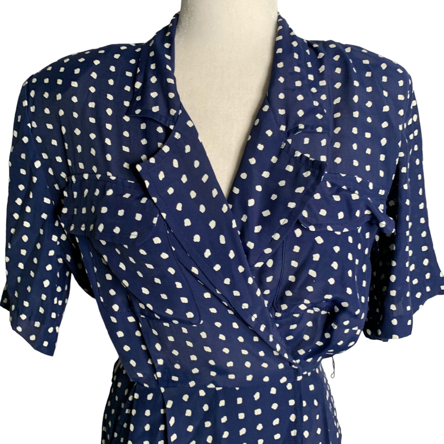 Vintage 80s Karin Stevens Wrap Dress S Blue Polka Dot Midi Shoulder Pads Snaps