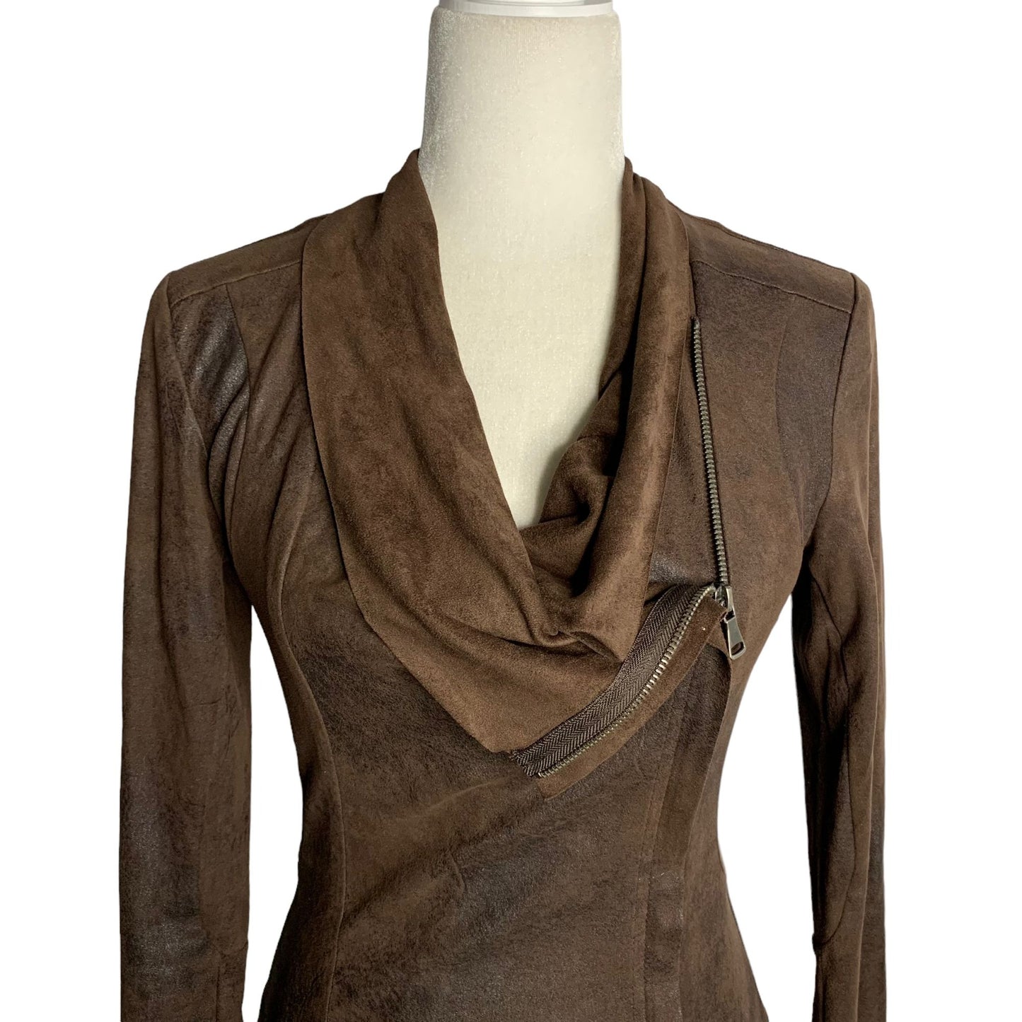 BNCI Faux Leather Cowl Neck Shirt XS Brown Long Sleeves Asymmetrical Zipper