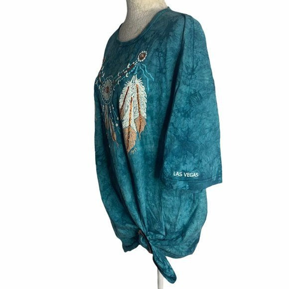 Vintage 90s Native American Tie Dye T Shirt XL Blue Green Painted Feathers Vegas