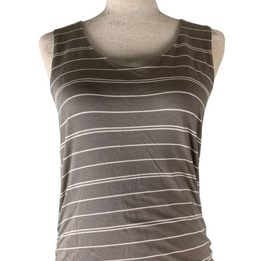 Athleta Sleeveless Maxi Dress S Grey White Striped Ruched Sides Lined Stretch