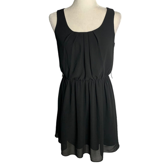 BCX Sleeveless Chiffon Mini Dress S Black Pleated Elastic Waist Lined Scoop Neck