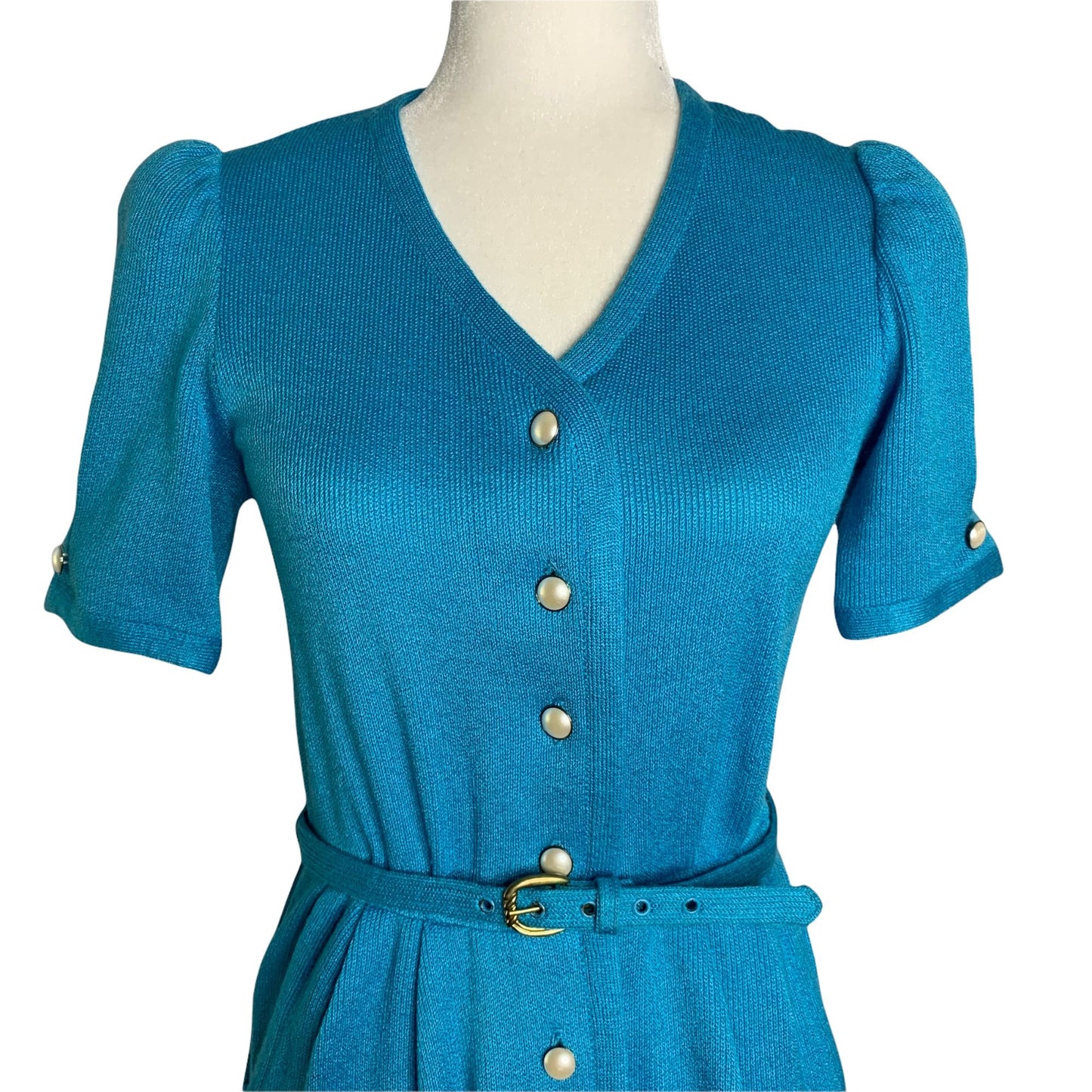 Vintage 70s Leslie Fay Button Down Dress 6 Blue Knit V Neck Belted Union Made