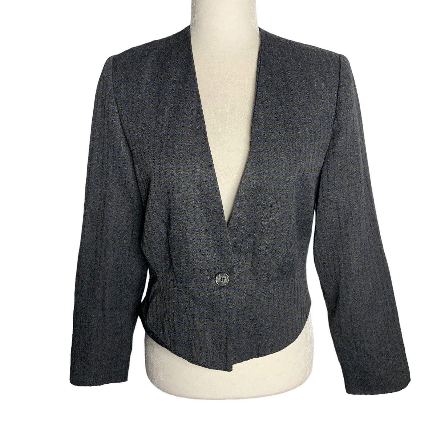 Vintage 80s Haberdas Her Cropped Blazer 6 Grey Blue One Button No Collar Lined