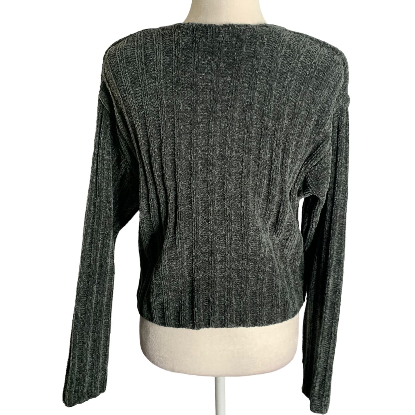 Vintage 90s Chenille Cropped Sweater M Grey Cable Knit Long Sleeve Scoop Neck