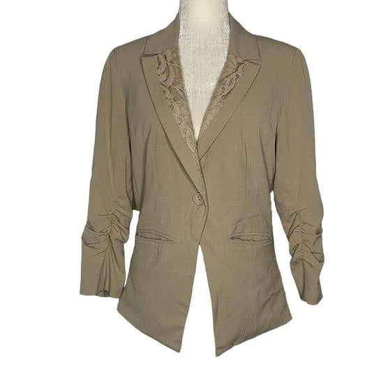 Studio JPR One Button Blazer Jacket M Beige Lace Collar Ruched Sleeves Pockets