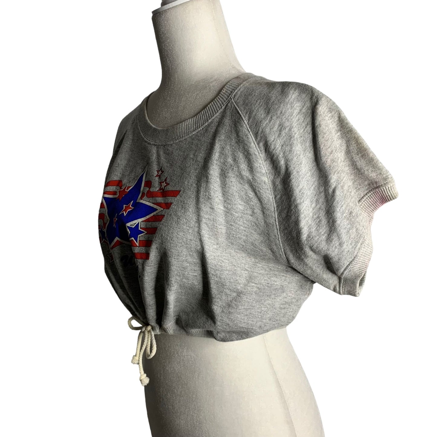 Vintage 80s Cropped Short Sleeve Sweatshirt L Grey Crewneck Drawstring Stars