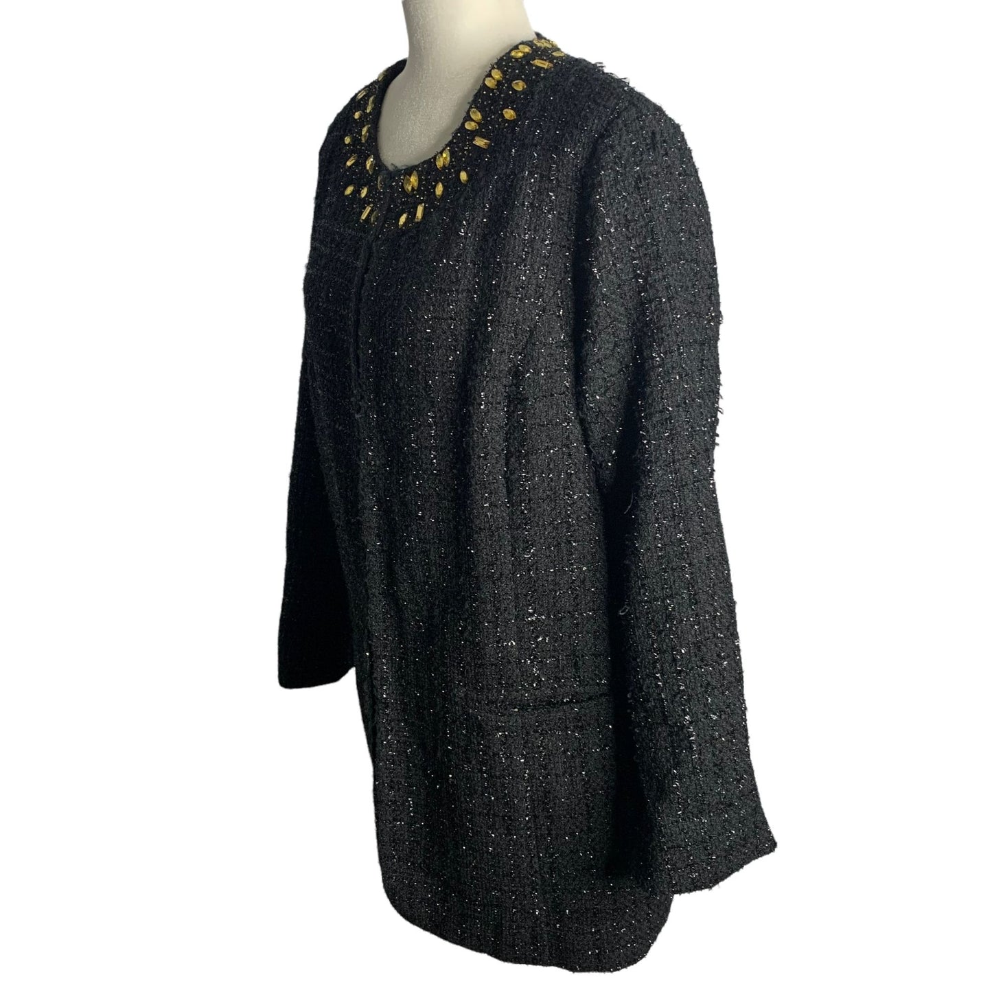 Chicos Boucle Beaded Jacket L Black Metallic Leopard Lined Pockets Hook & Eye