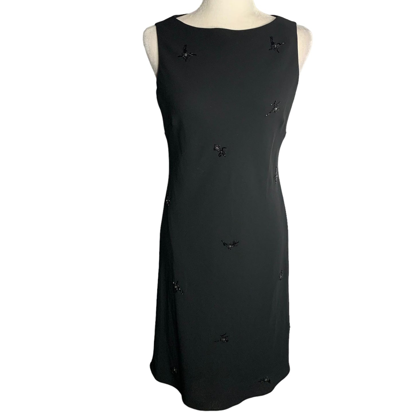 Vintage Evan Picone Beaded Sheath Dress 6 Black Lined Sleeveless Midi Pullover