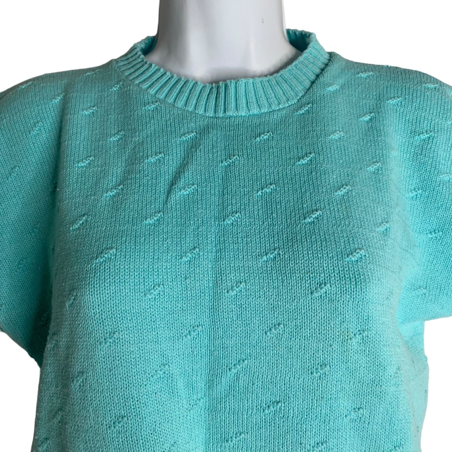 Vintage 80s Short Sleeve Knit Sweater S Teal Cotton Dolman Round Neck Ribbed