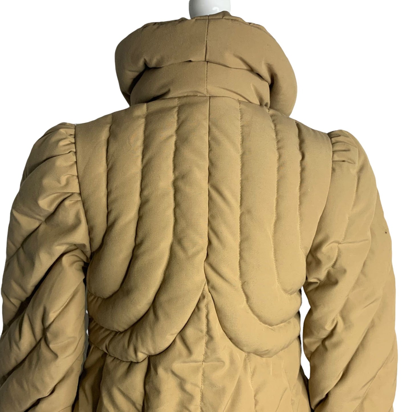 Vintage 80s Snowbird Goose Down Coat XS Tan Quilted Puffer High Collar Button Zip