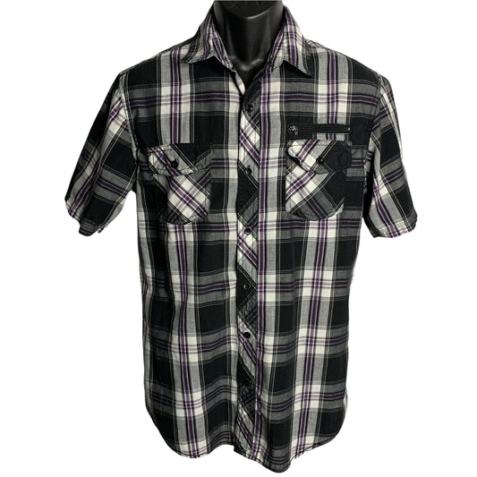 Burnside Button Down Shirt M Black Plaid Chest Pockets Short Sleeve