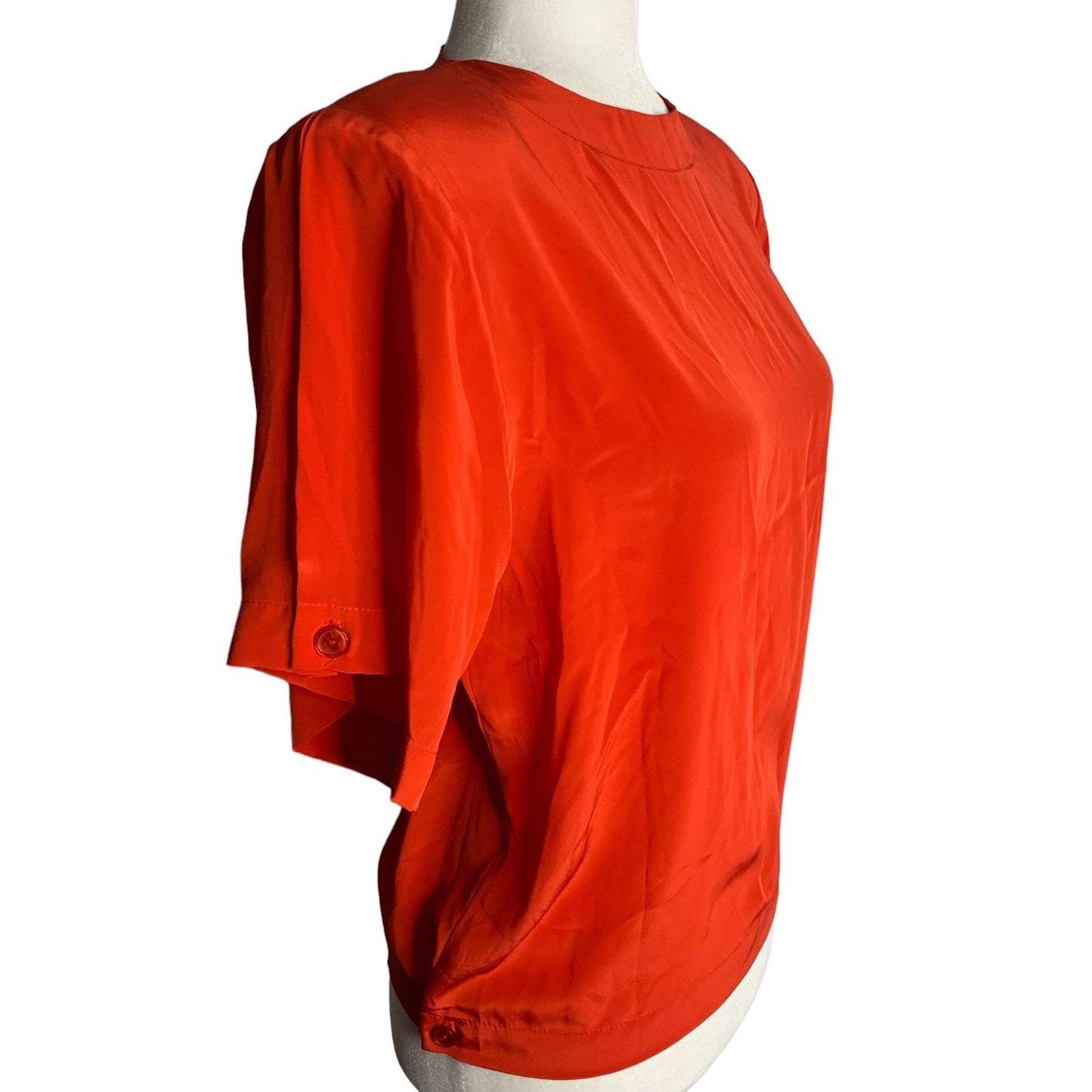 Vintage 80s Silky Pullover Blouse 6 Petite Red Shoulder Pads Round Neck Buttons