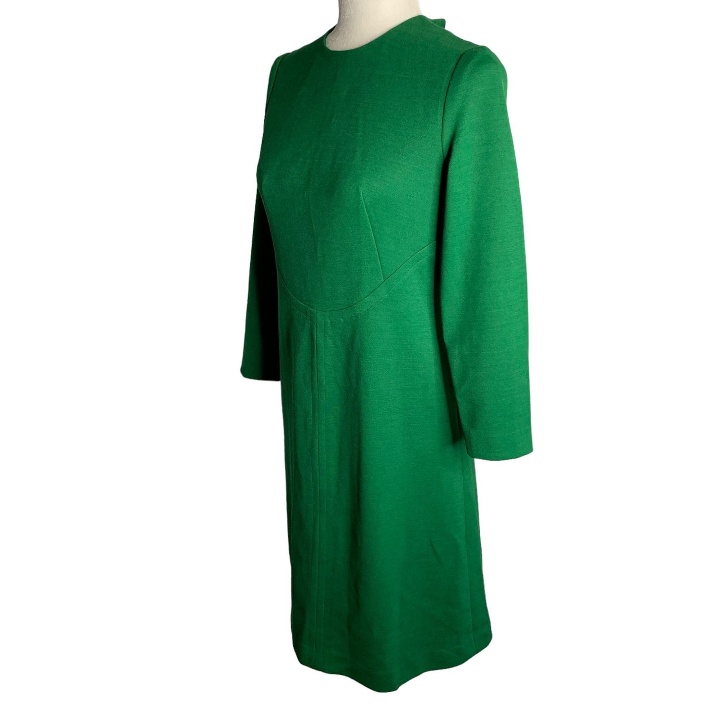 Vintage 60s Stretch Knit Mod Shift Dress S Green Lined 3/4 Sleeve Round Neck Zip