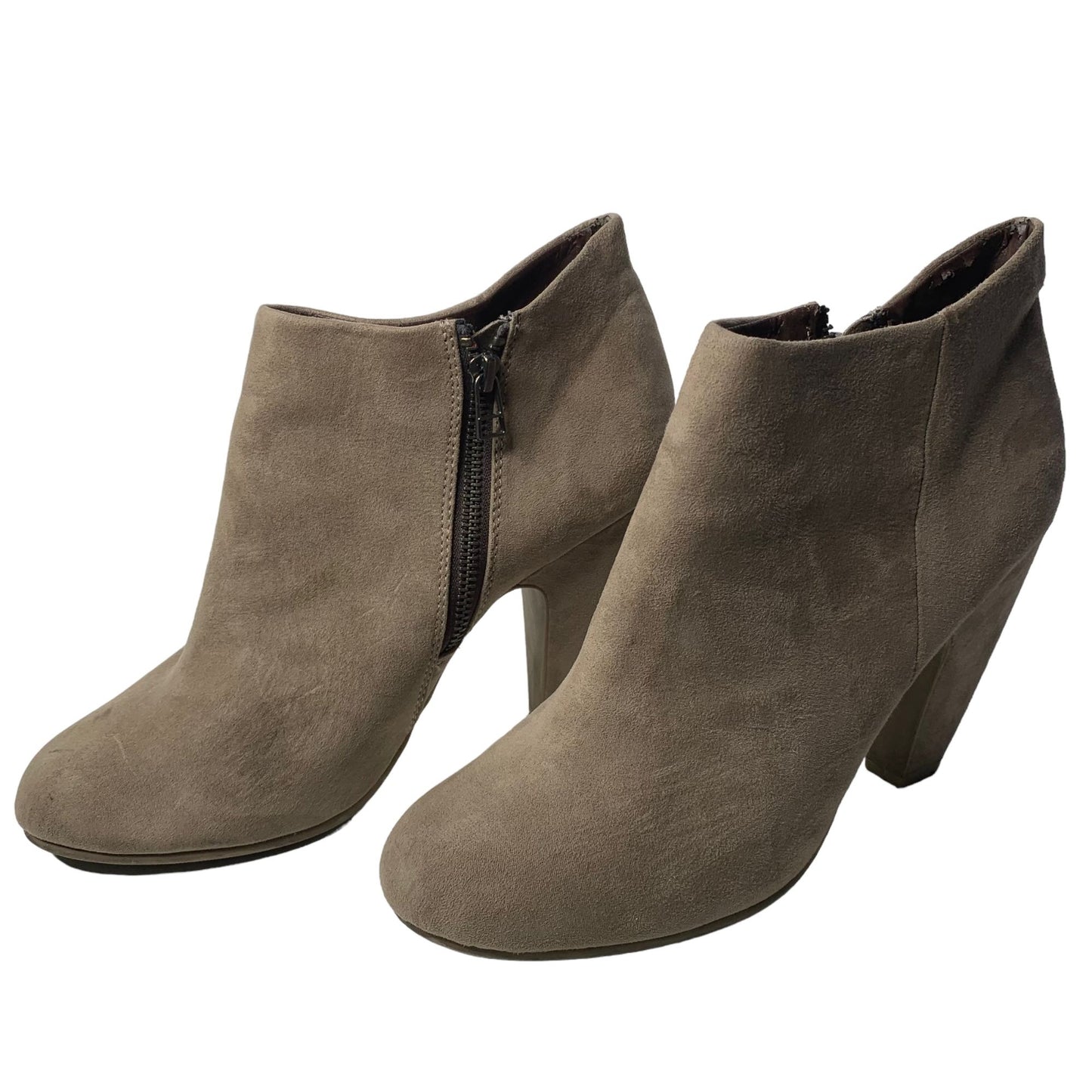 Candies Faux Suede Ankle Boots Booties 10 Taupe Side Zip Round Toe Block Heel