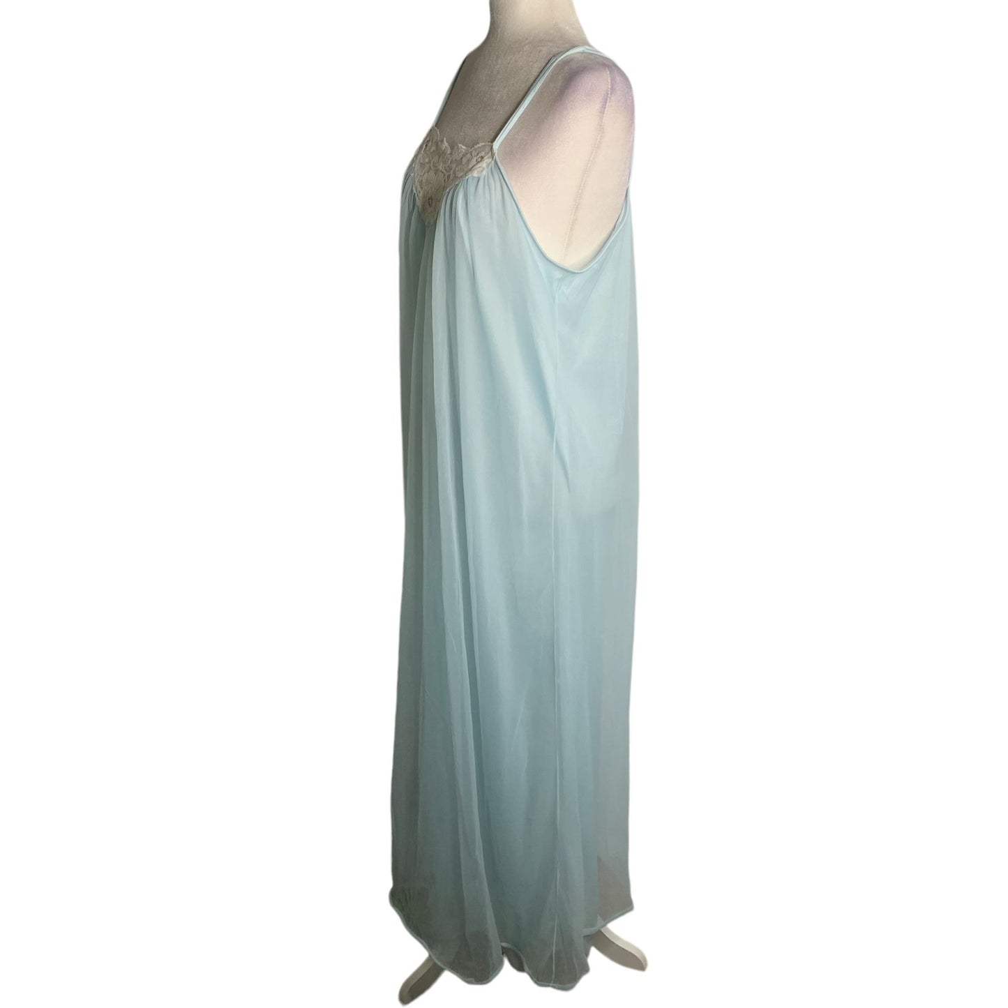 Vintage 70s Nylon Nightgown M Blue Pullover Lined Spaghetti Straps Low Back