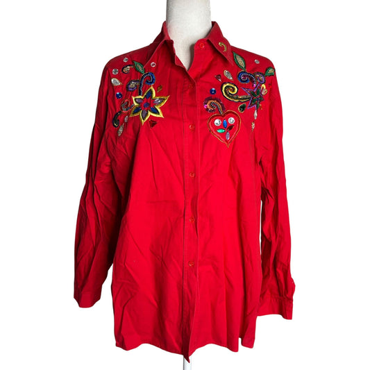 Harbour Vue Embroidered Button-Up Shirt Size 14 Red 100% Cotton Long Sleeve