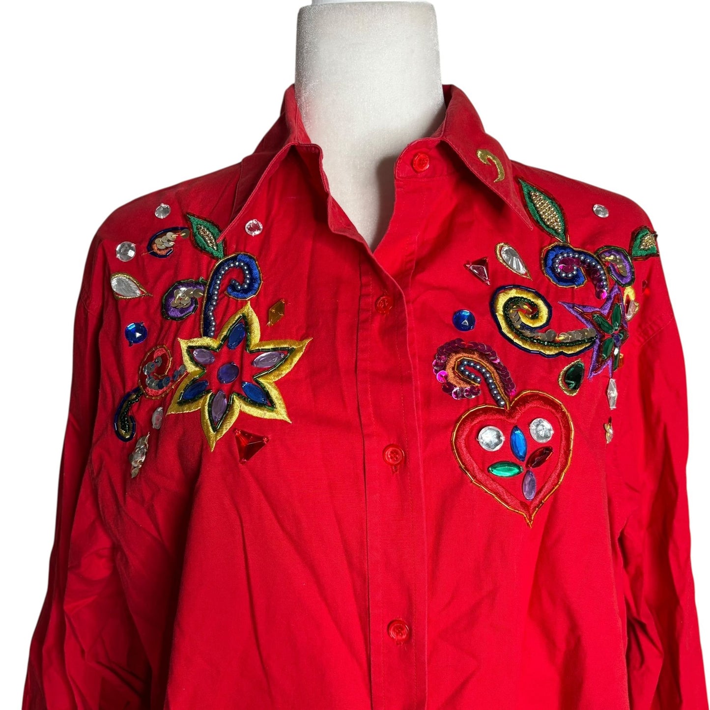 Harbour Vue Embroidered Button-Up Shirt Size 14 Red 100% Cotton Long Sleeve