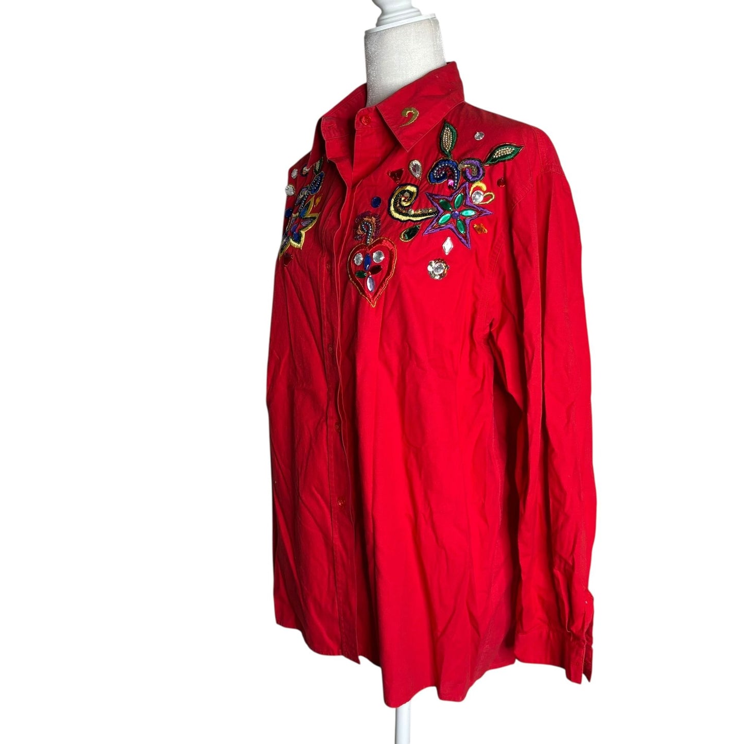 Harbour Vue Embroidered Button-Up Shirt Size 14 Red 100% Cotton Long Sleeve