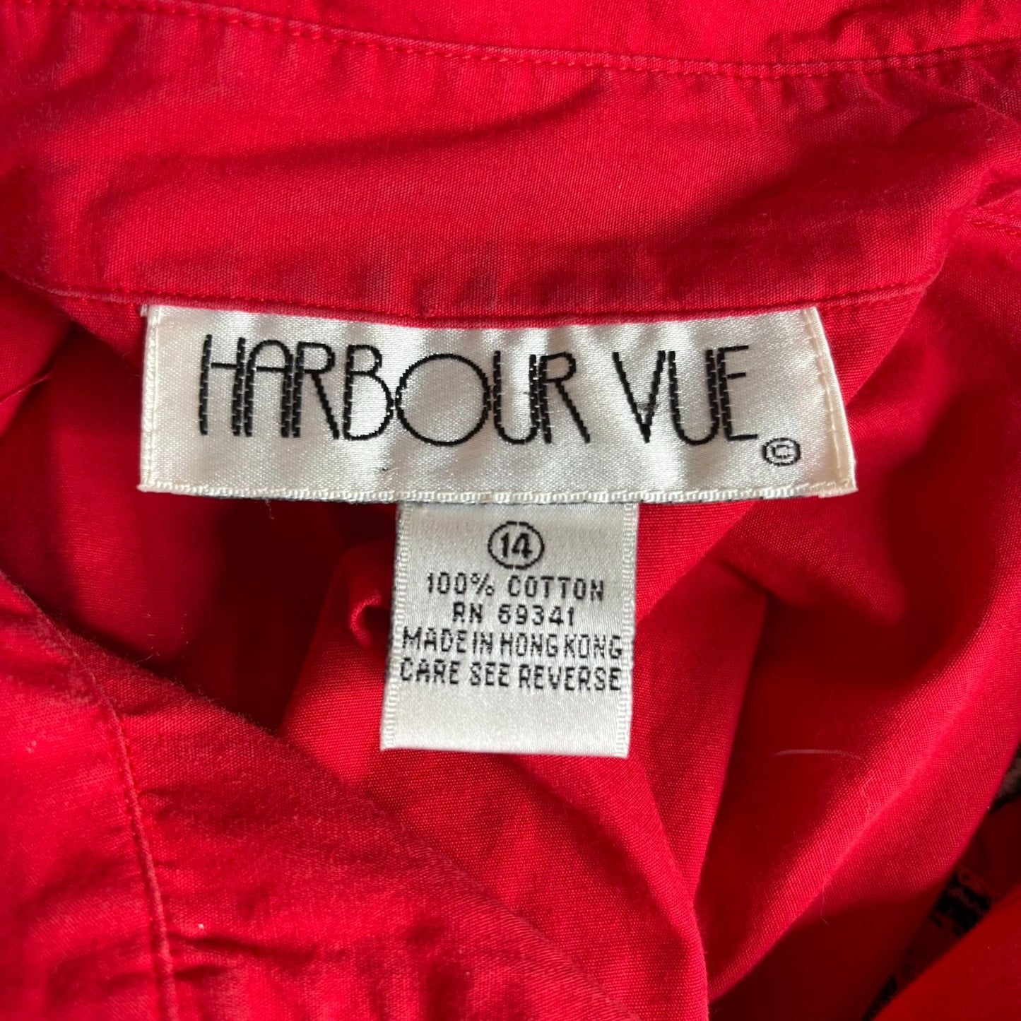 Harbour Vue Embroidered Button-Up Shirt Size 14 Red 100% Cotton Long Sleeve