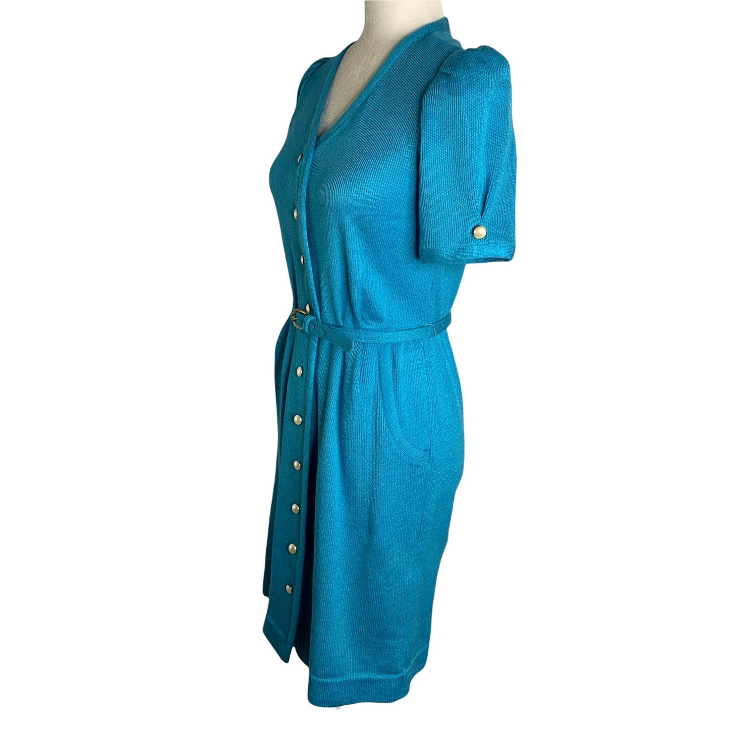 Vintage 70s Leslie Fay Button Down Dress 6 Blue Knit V Neck Belted Union Made