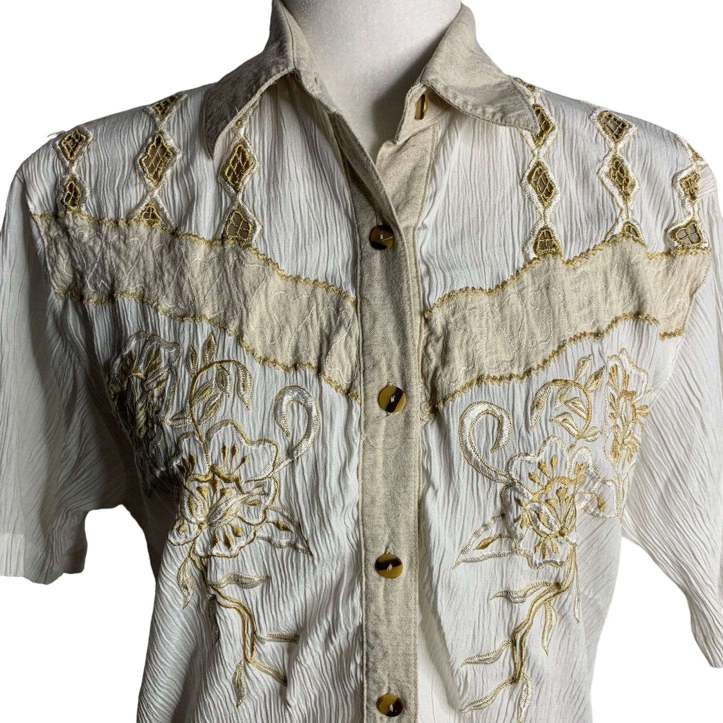 Vintage 90s Button Up Crinkle Blouse M White Short Sleeve Embroidered Cut Outs