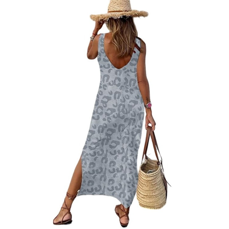 Sleeveless Tank Maxi Dress M Gray Leopard Stretch Knit Low Back Side Slits NEW