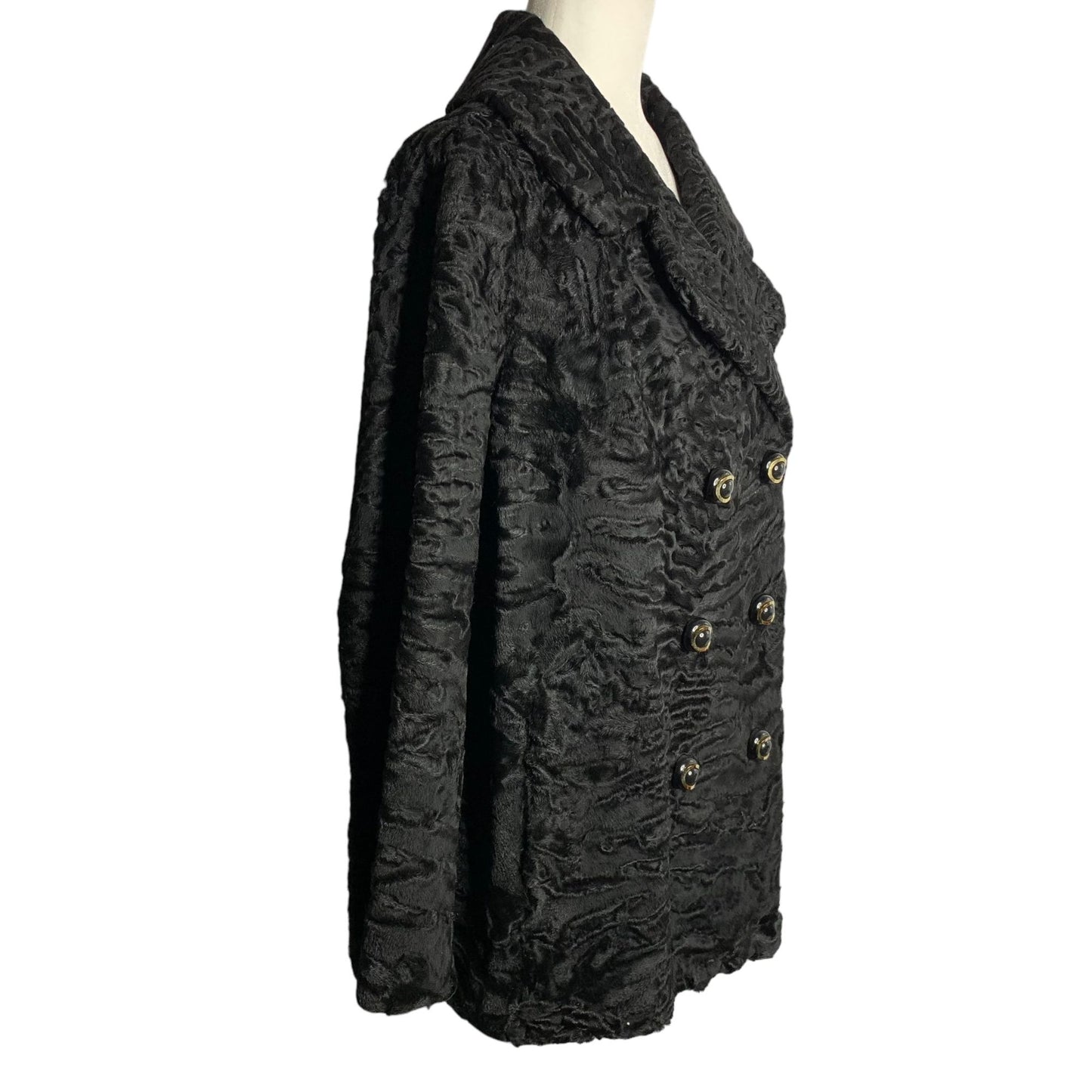 Vintage 60s Pelz Zeller Curly Lamb Wool Fur Coat L Black Hook Closure Pockets