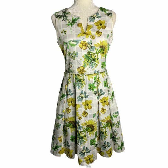 Julian Taylor Pleated Sleeveless Dress 8 White Floral Split V Zip Lined Pockets