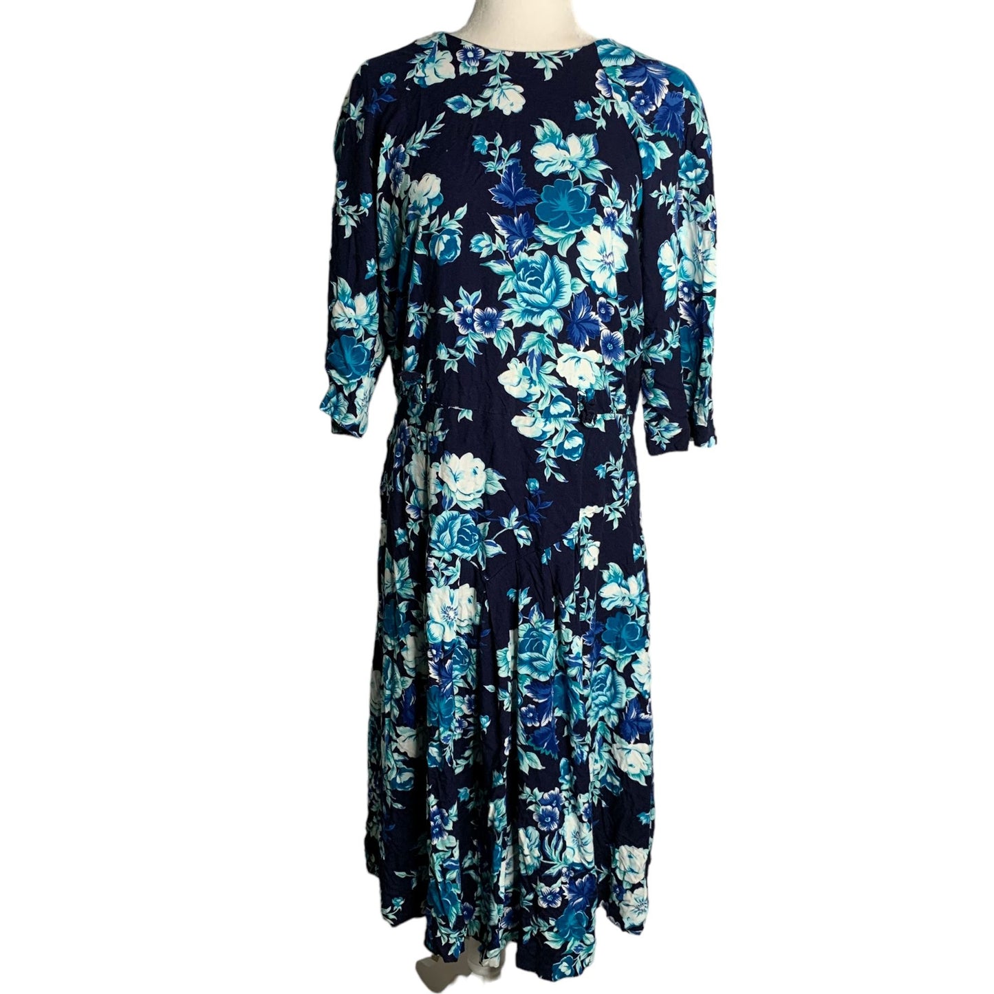 Vintage 80s Betsys Things Midi Dress 16 Blue Floral Dolman Sleeve Zip Belt Loops