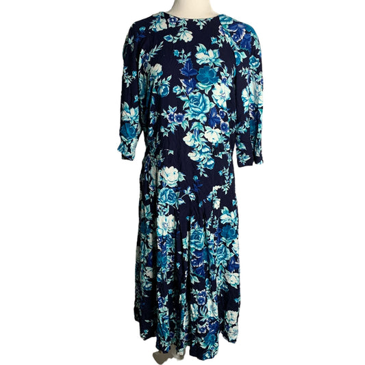 Vintage 80s Betsys Things Midi Dress 16 Blue Floral Dolman Sleeve Zip Belt Loops