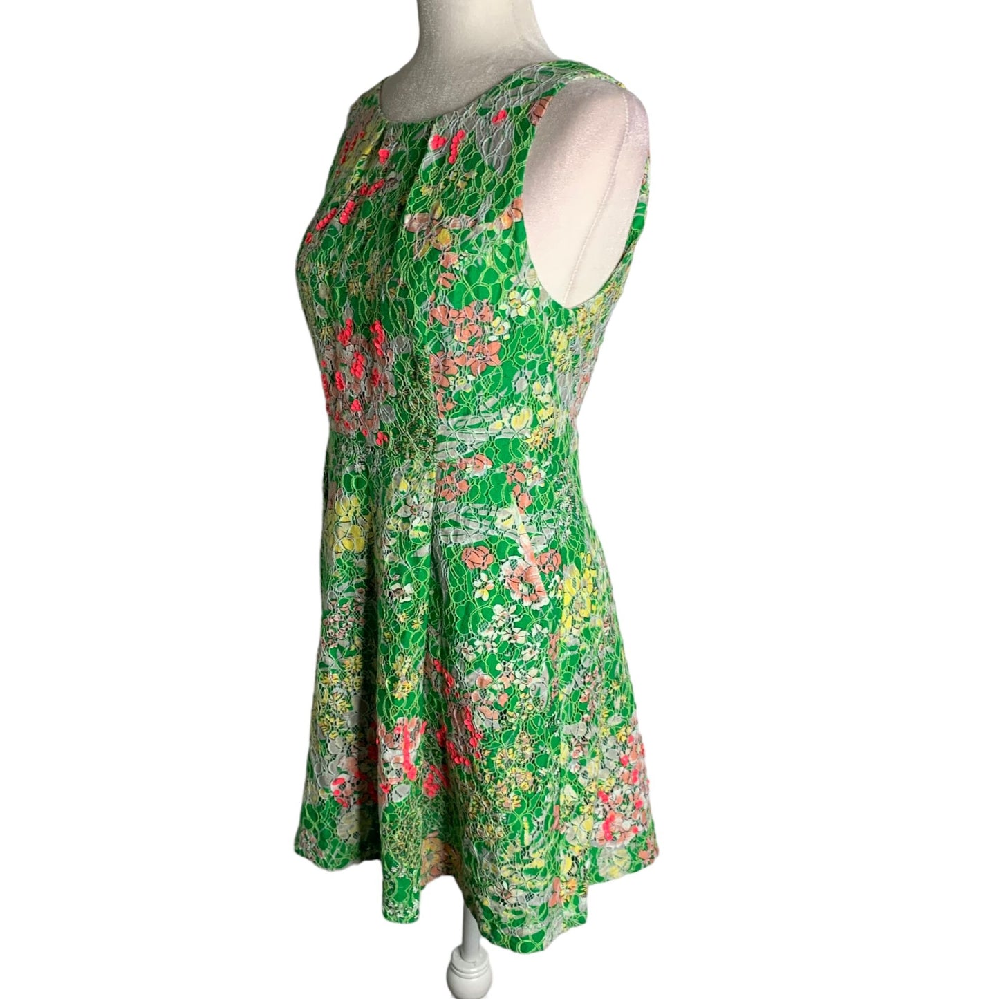 Maeve Anthropologie Lace Sequin Mini Dress 6P Green Floral Pleated Pockets Zip