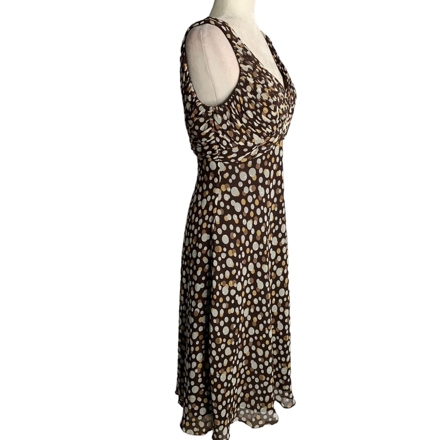 Adrianna Papell Sleeveless Chiffon Dress 12 Brown Polka Dot Lined Pleated Zip