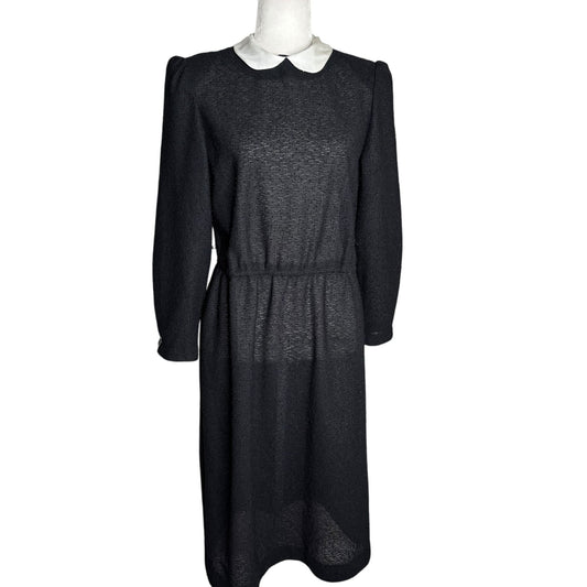 Vintage 70s Long Sleeve Knit Dress Medium Sheer Black Peter Pan Collar Zipper