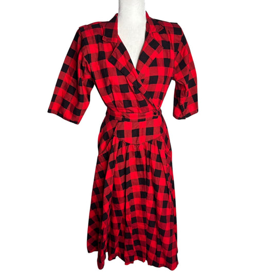 Vintage Plaid Faux Wrap Dress Small Red Black Midi Pockets Shoulder Pads Buttons