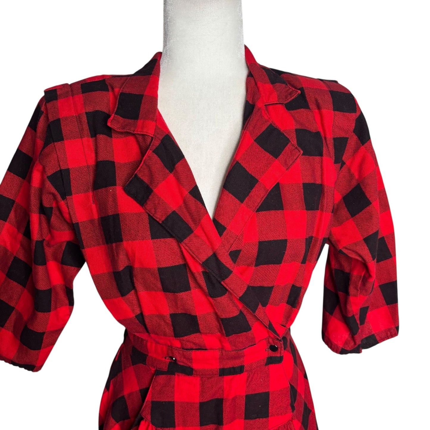 Vintage Plaid Faux Wrap Dress Small Red Black Midi Pockets Shoulder Pads Buttons