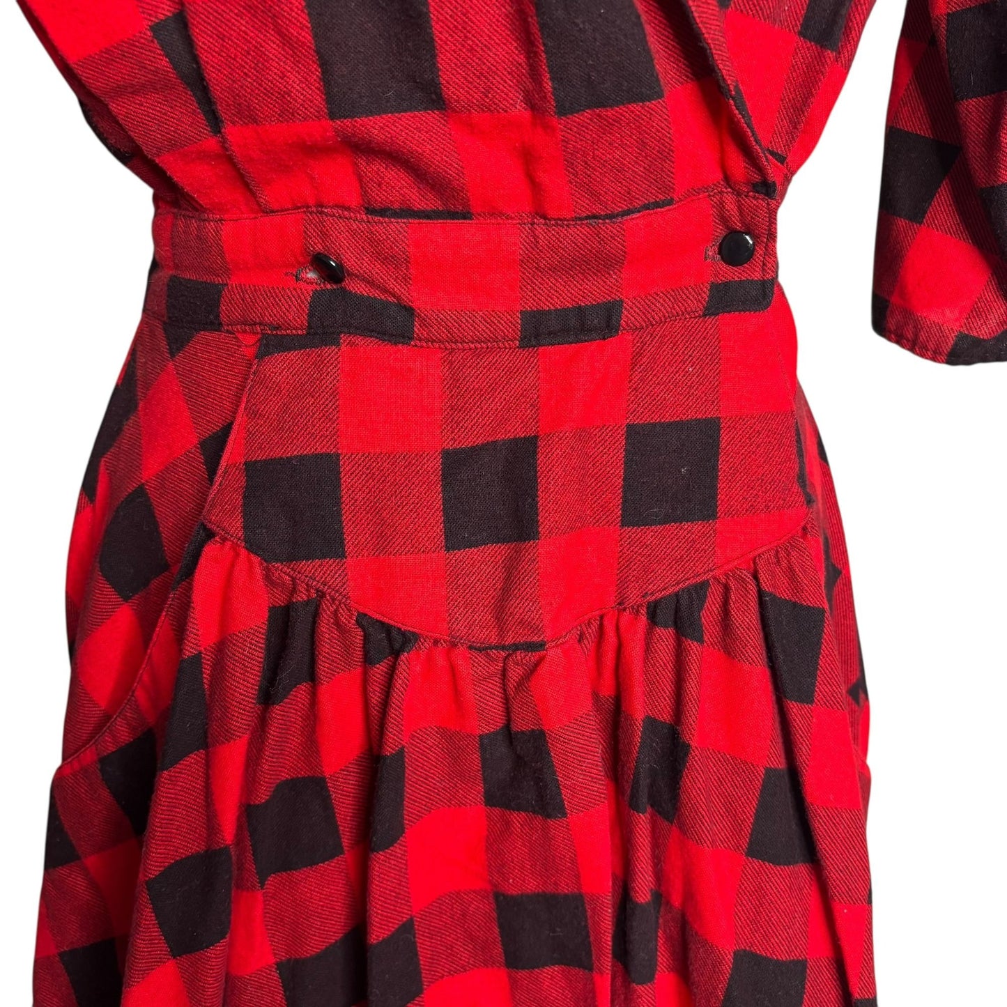 Vintage Plaid Faux Wrap Dress Small Red Black Midi Pockets Shoulder Pads Buttons