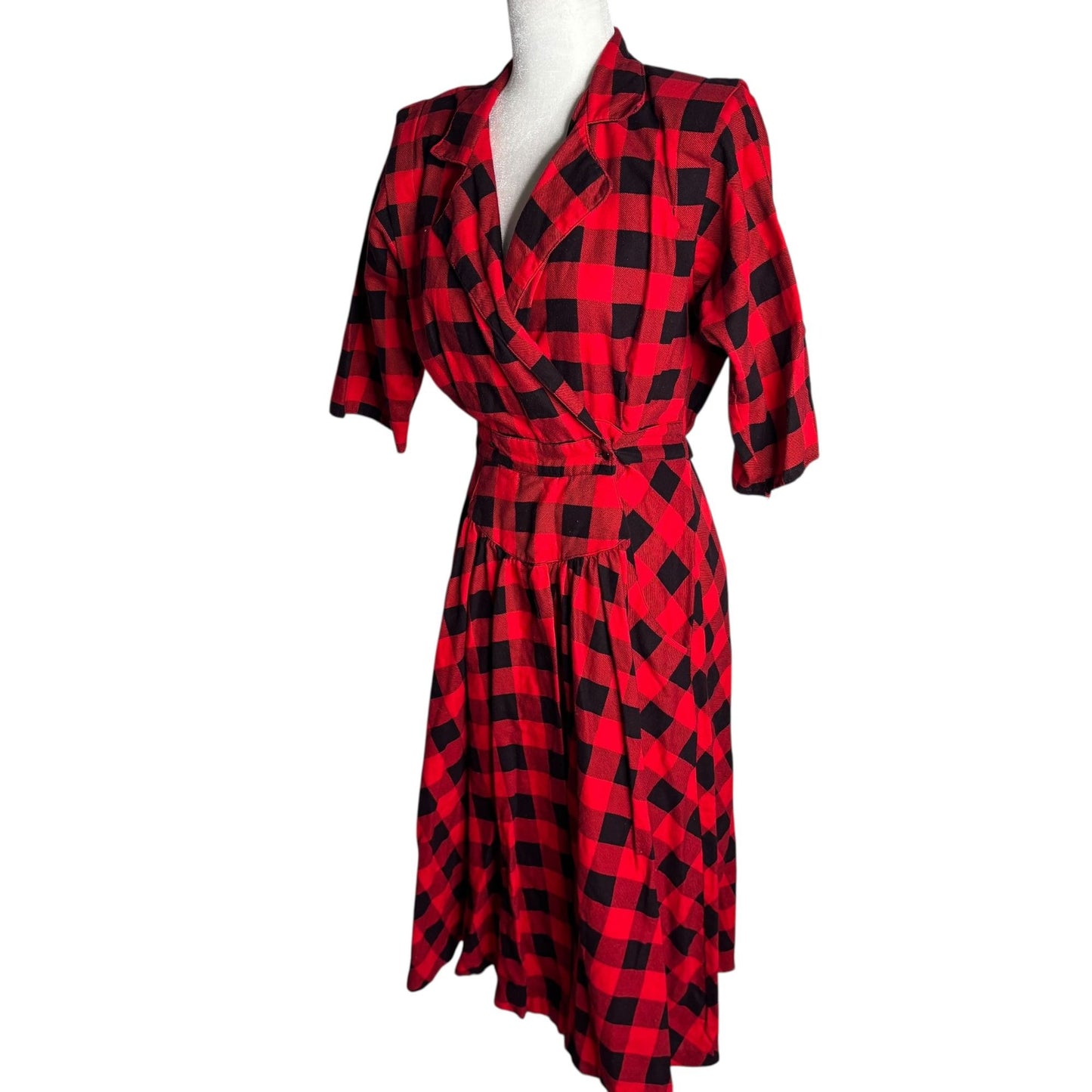 Vintage Plaid Faux Wrap Dress Small Red Black Midi Pockets Shoulder Pads Buttons