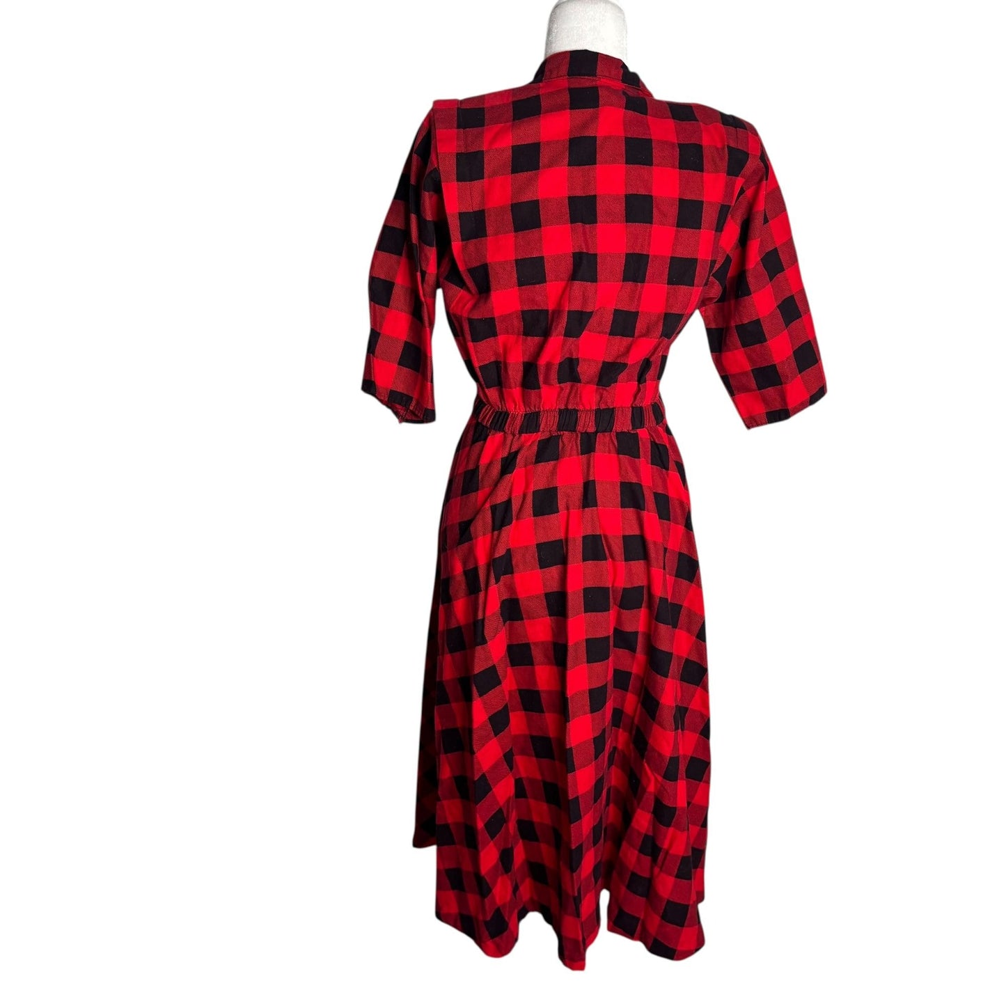 Vintage Plaid Faux Wrap Dress Small Red Black Midi Pockets Shoulder Pads Buttons