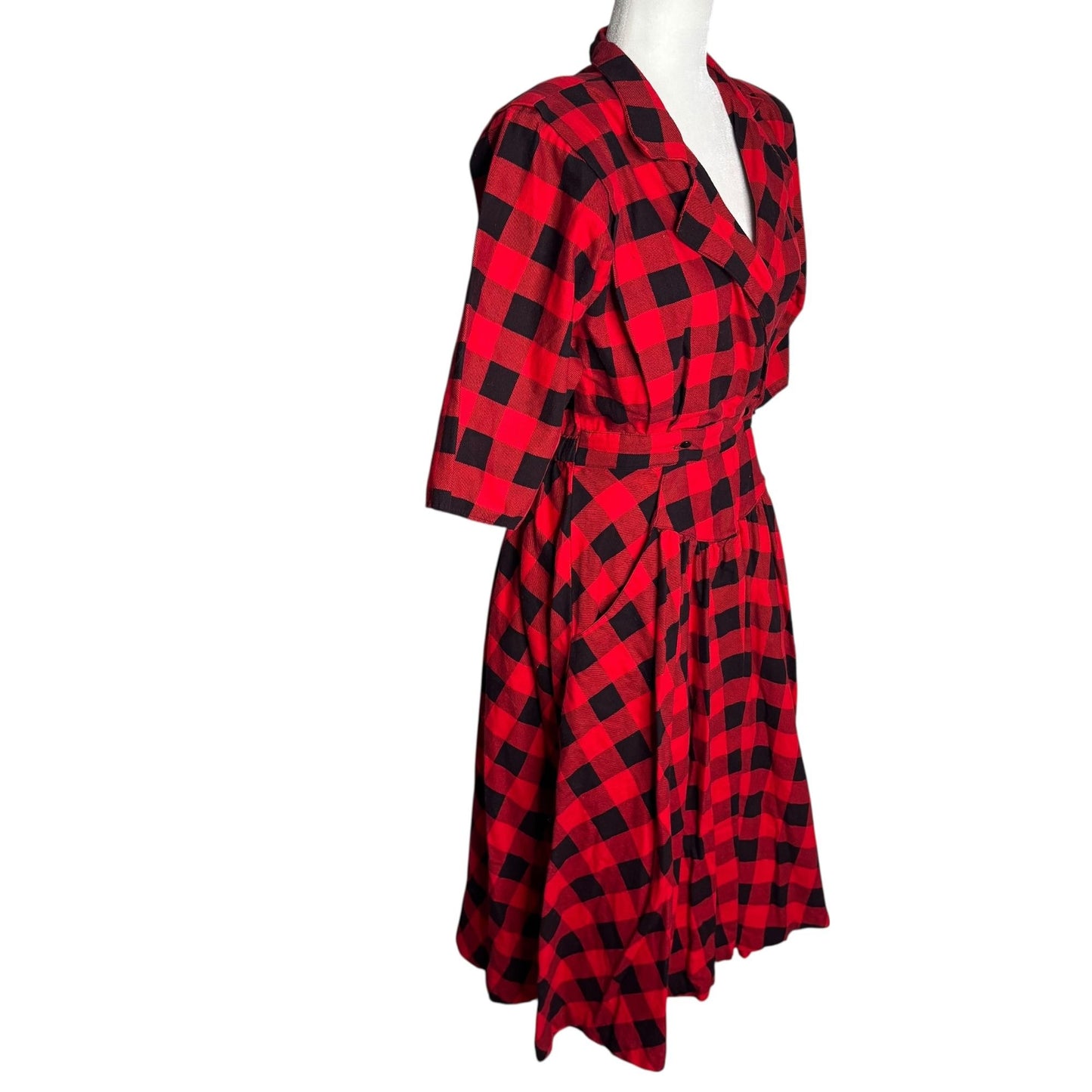 Vintage Plaid Faux Wrap Dress Small Red Black Midi Pockets Shoulder Pads Buttons