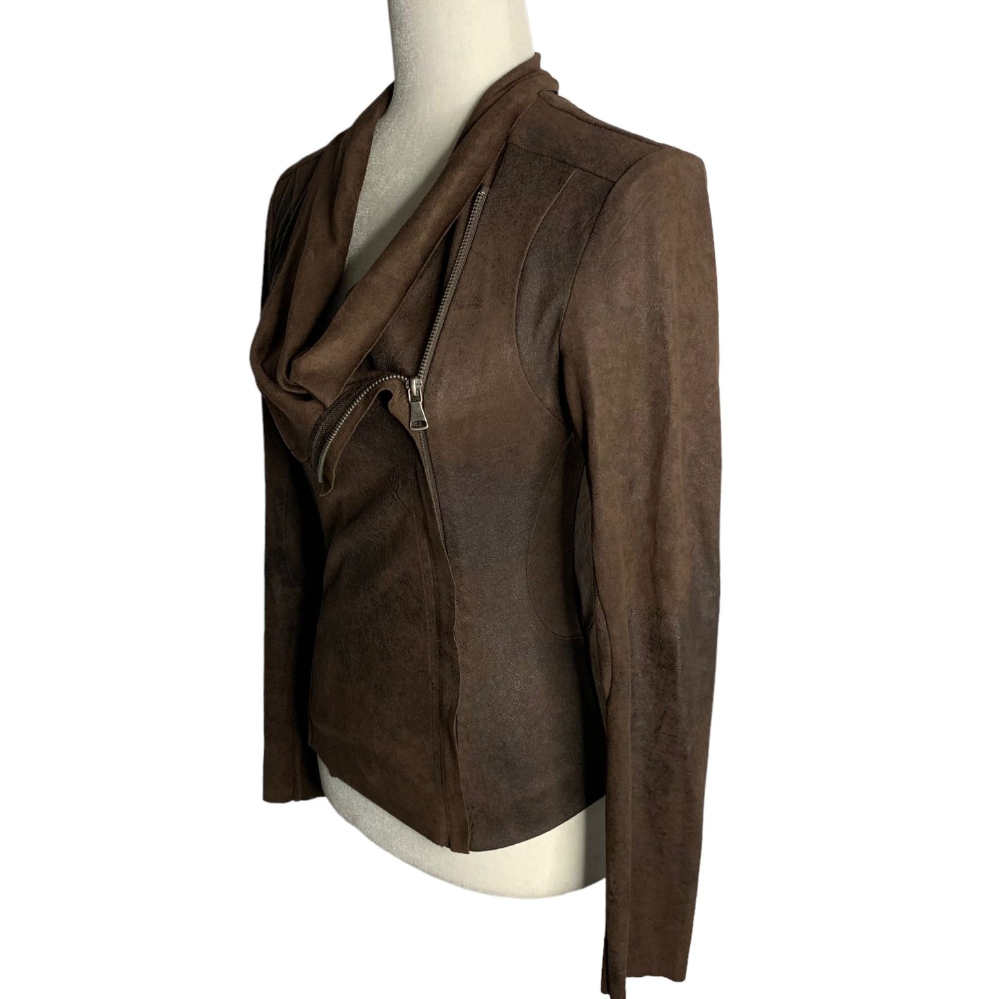 BNCI Faux Leather Cowl Neck Shirt XS Brown Long Sleeves Asymmetrical Zipper