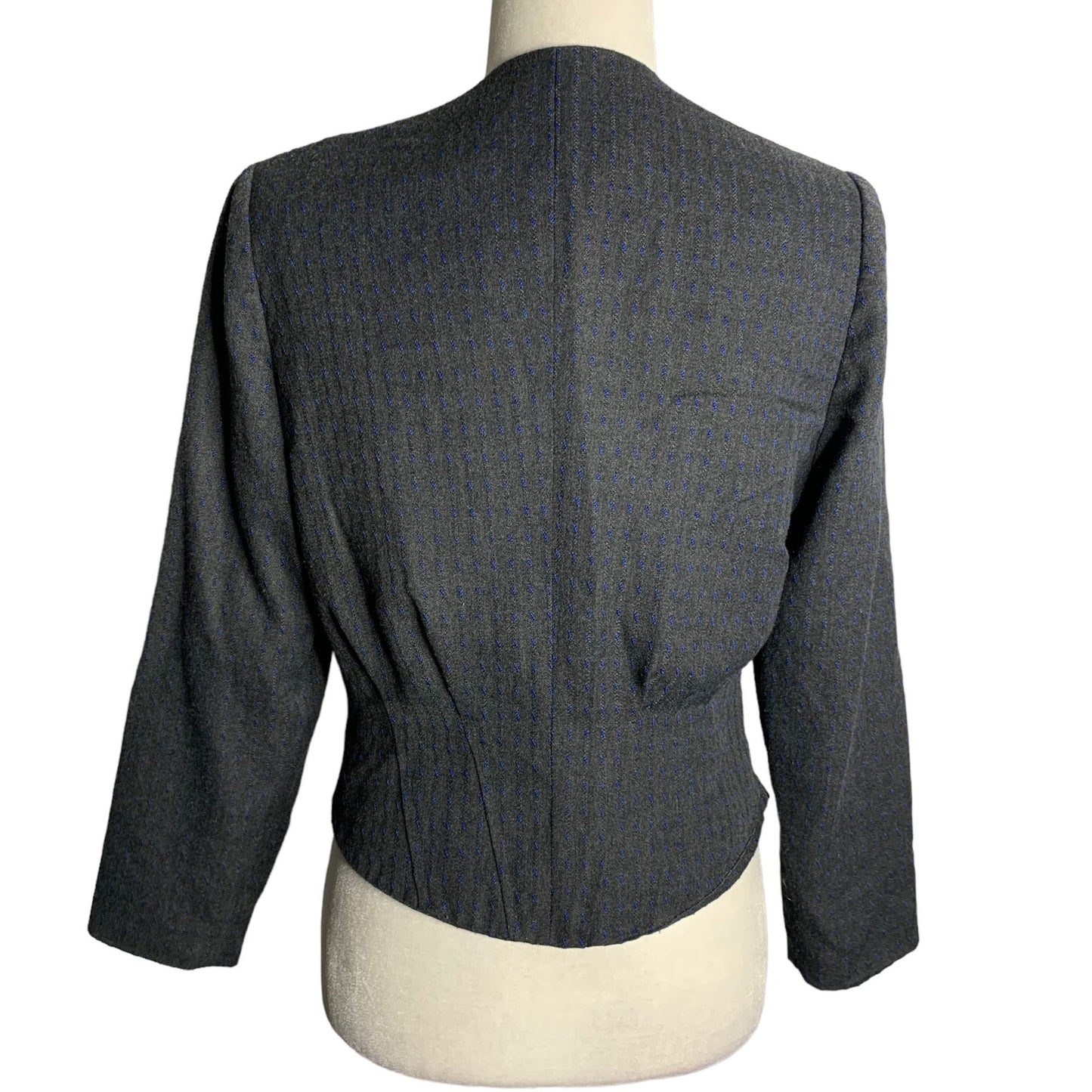 Vintage 80s Haberdas Her Cropped Blazer 6 Grey Blue One Button No Collar Lined