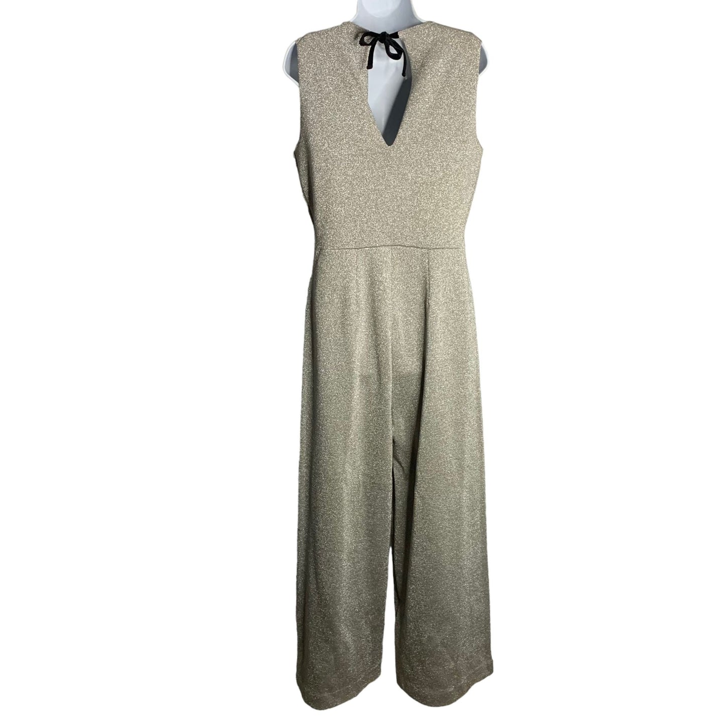 J Crew Metallic Lurex Disco Jumpsuit M Silver Stretch Knit Sleeveless Tie Neck