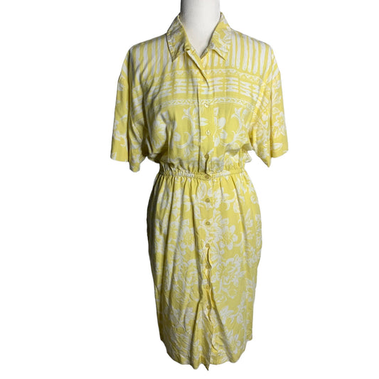 Vintage 80s Button Up Shirt Dress M Yellow Floral Short Sleeve Elastic Pockets