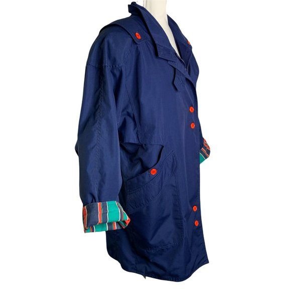 Vintage 80s Sportables Button Up Coat S Blue Stripe Lining Pockets Shoulder Pads