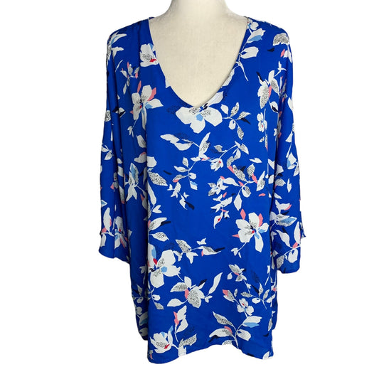 Prescott New York V Neck Pullover Blouse 14 Blue Floral Bell Sleeves Tunic