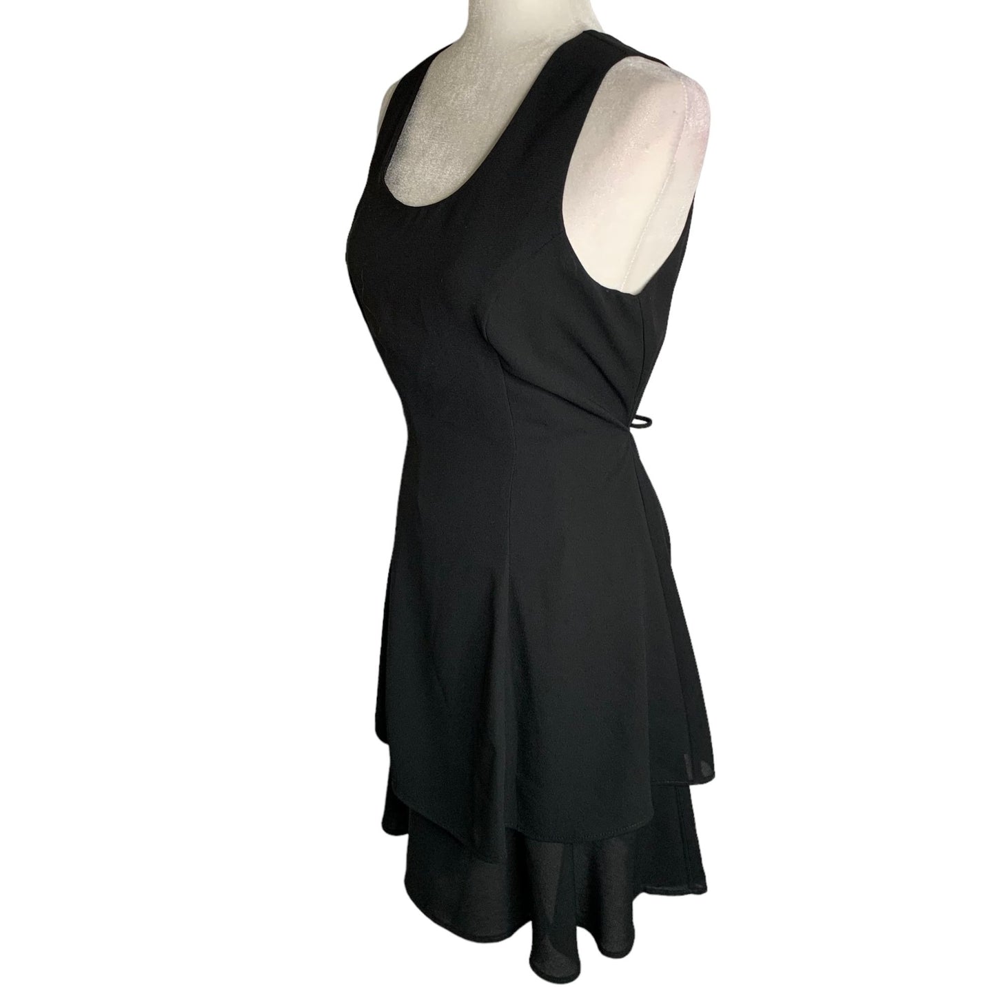 Vintage 90s Sleeveless Layered Look Dress 8 Black Lined Tie Waist Scoop Neck