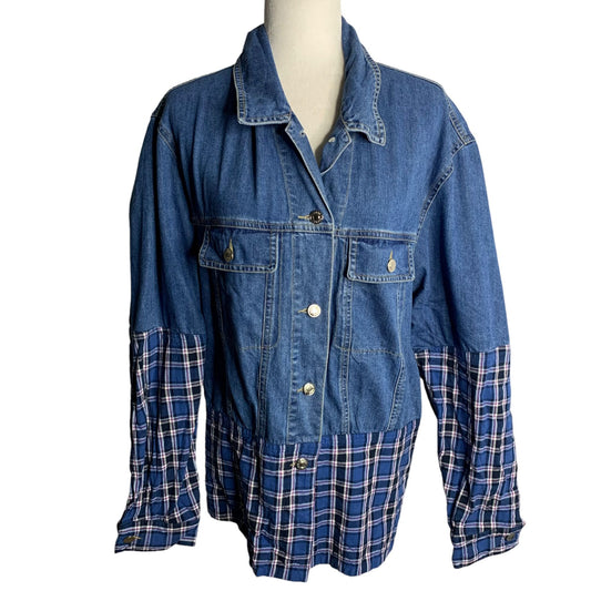 Mistress Rocks Enthuse Denim Jacket S Blue Plaid Oversized Button Up Pockets