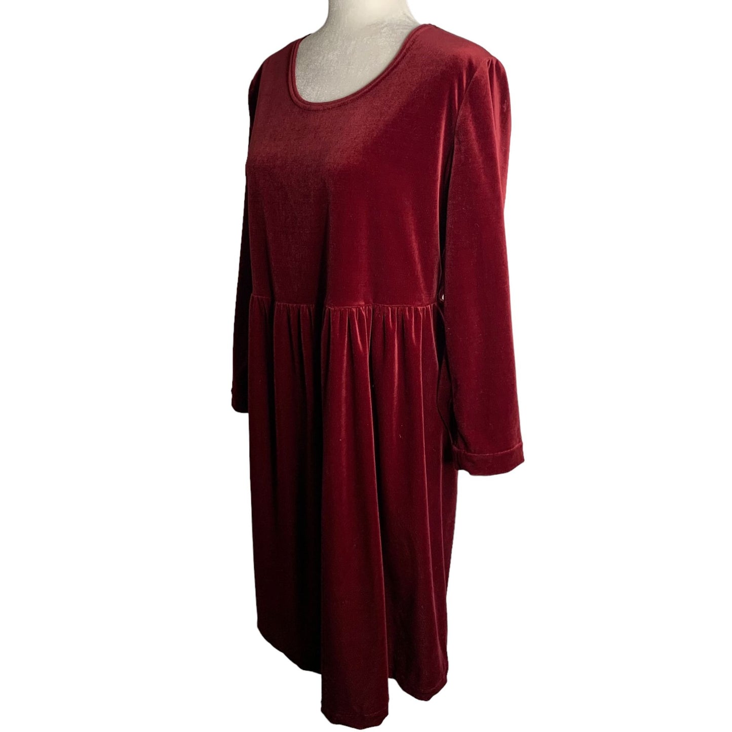 Vintage 90s Kathie Lee Velvet Dress 10 Maroon Red Long Sleeve Elastic Waist