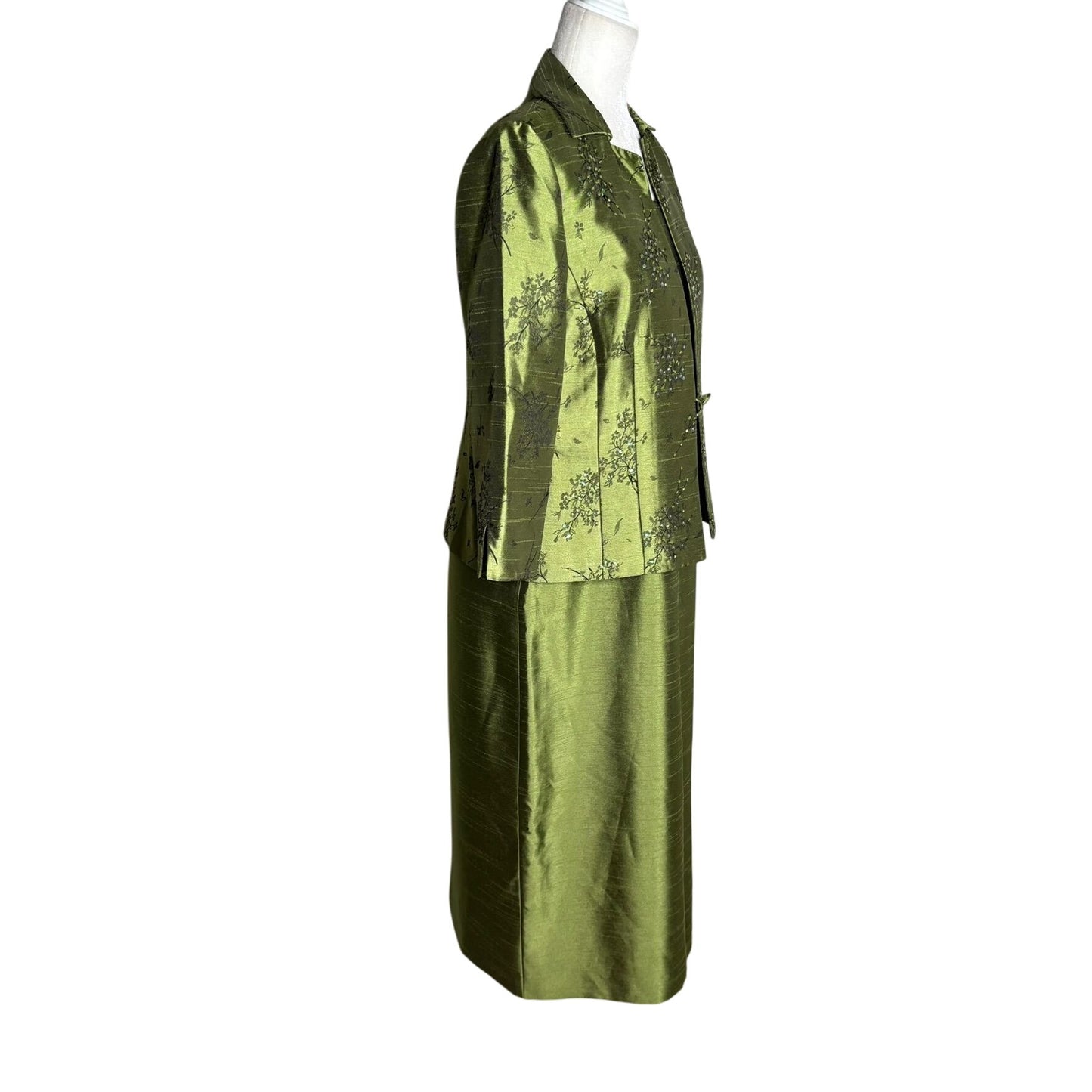 Coldwater Creek Two Piece Green Brocade Dress Jacket Set Petite 10 Green Beaded