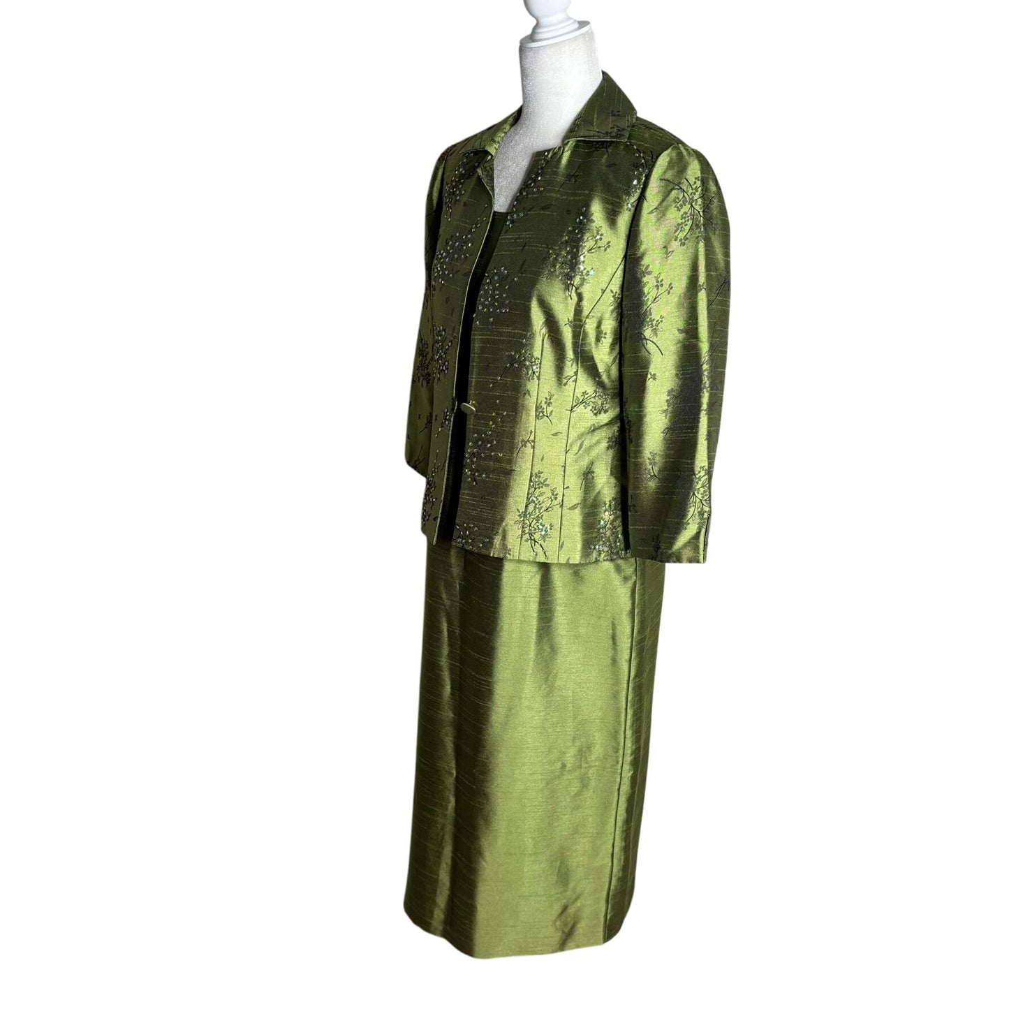 Coldwater Creek Two Piece Green Brocade Dress Jacket Set Petite 10 Green Beaded